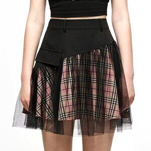 Pink Plaid Black Mesh Gothic Mini Skirt, Punk Rave,  XS